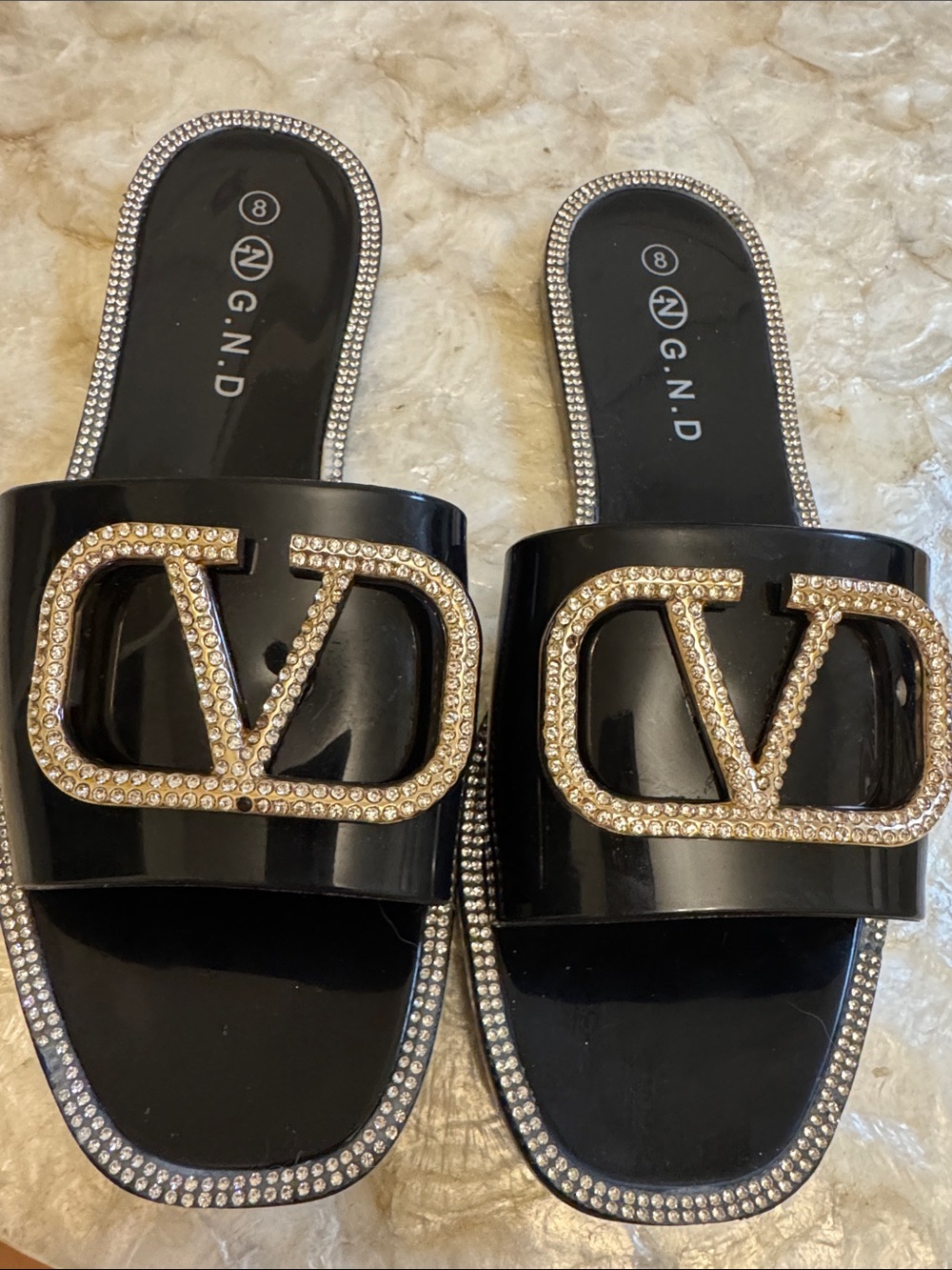 V designer style Black Slide Sandals with Gold Crystal Emblem